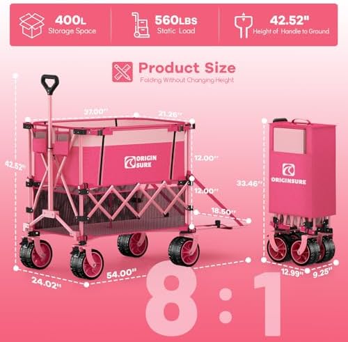 Originsure 400L Foldable Double Decker Wagon, 54" L Tailgate, 560lbs, Pink - Image 2