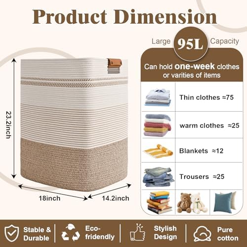 Laundry Hamper, 95L Tall Laundry Basket with Leather Handles, Rectangle Large Clothes Hamper for Organizing, Cotton Woven Laundry Baskets Storage Hampers for Bedroom, Nursery, Living Room - Image 3