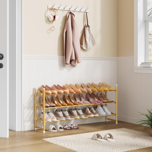 Tajsoon Expandable Shoe Rack for Closet 3 Tier, 28“-41“Stackable, Gold - Image 2