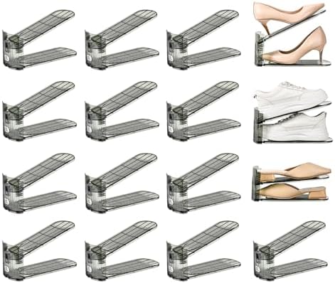 Shoe Slots Organizer, Clear Shoe Stacker, Adjustable Level Shoe Rack,Storage Space Saver for Sneakers Display (Grey Transparent, 16Pack) by UniHIMO
