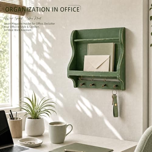 Pine Wood Mail Organizer Wall Mount with 7 Key Hooks for Room Decor, Green - Image 3