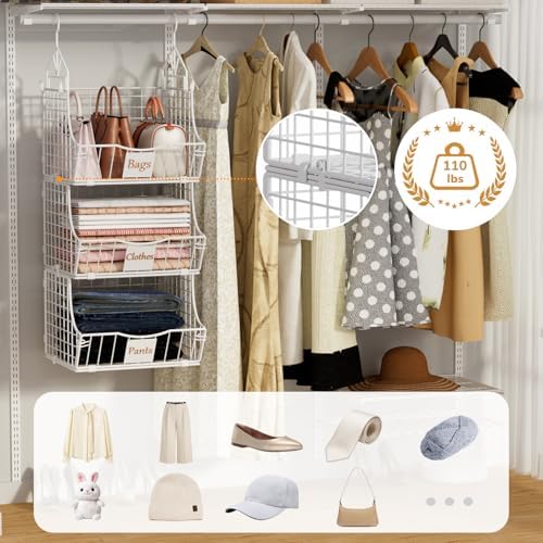 Hanging Closet Organizers and Storage, 6 Tier Closet Shelf Clothes Organizer with 2 S-Hooks, Multi-Functional Iron Wire Baskets, for Clothing, Sweaters, Handbags, Hat, Canned - Image 3