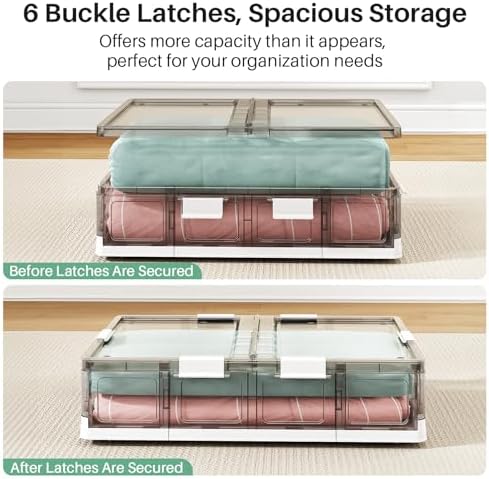 Kitstorack 2 Pack Plastic Under Bed Storage Bins with Lids and 8 Pre-installed Wheels,Rolling Low Rrofile Under bed Containers Box for Clothes Shoes, 37.8 Qt, Long, Clear, Flat, Large - Image 6