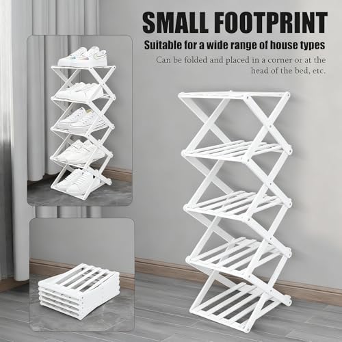 Vertical Small Shoe Rack White, 5 Tier Portable Folding Shoe Storage Rack, Without Installation Free Standing Shoe Rack for Corridors, Bedrooms Living Room Corner and Small Spaces - Image 5