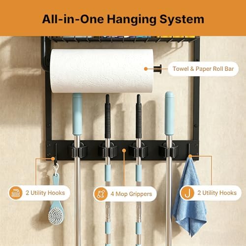 Broom Holder Wall Mount with Paper Towel Holder& Removable Anti-fall Basket - Image 4