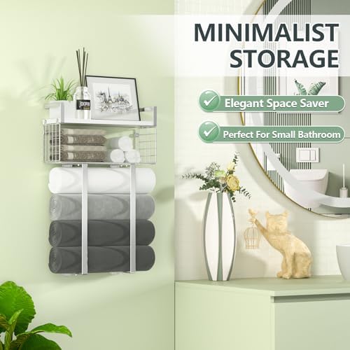 Towel Racks for Bathroom, Bathroom Shelf Over Toilet,Floating Shelves with Towel Rack Paper Holder Storage Basket,Floating Shelves for Wall Decor,Silver - Image 7