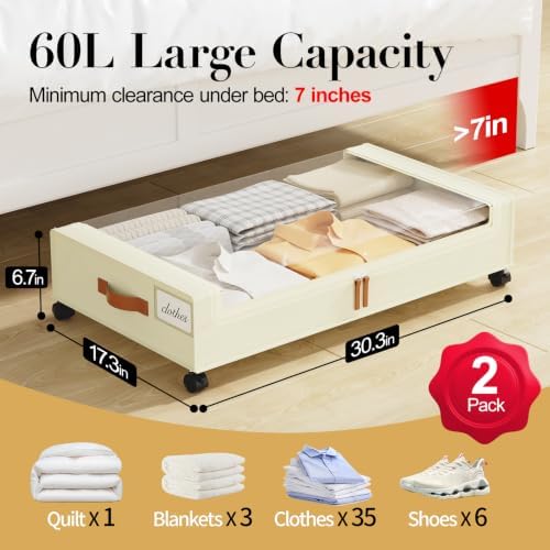 Yecaye 60L Under Bed Storage with Wheels, 2 Pack, Beige | 360° Rolling Wheels, Clear Lids & Label, Reinforced Handle, Rolling Metal Drawers for Clothes, Blankets, Shoes in Bedroom - Image 2