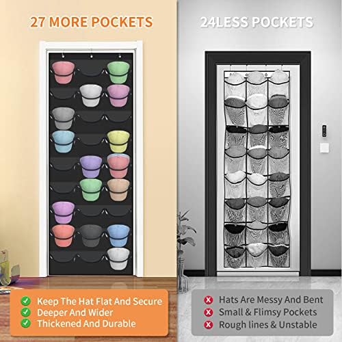 Hat Rack for Baseball Caps, 27 Pockets Over The Door Baseball Hat Organizer, Fitted Hat Storage for Closet Wall Mount Bag With Large Pockets & 3 Hooks, Hat Holder Hanger Organization to Display Caps - Image 5