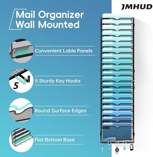 21-Tier Wall File Organizer and Mail Organizer with 5 Hooks, Black - Image 2