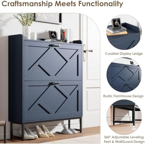 Nicetree Shoe Storage Cabinet, Shoe Cabinet with 2 Flip Drawers, Narrow Shoe Rack Cabinet, Farmhouse Slim Shoe Cabinet Storage for Entryway,Blue - Image 5