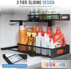 2 Pack 17IN Depth Under Sink Storage Organizer, Large 2-Tier Elegant Mesh Pull Out Shelf for Kitchen and Bathroom Cabinet Organization, L-Shaped and Adjustable Height Design-Black - Image 4