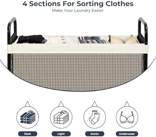 STO STO Laundry Hamper 4 Section, 140L Rolling Laundry Sorter Cart with Removable and Washable Liner Bag, Clothes Hamper with Wheels and Metal Handle for Laundry Room and Bedroom, Beige - Image 6