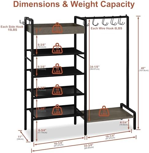 2-in-1 Shoe and Purse Rack, 5-Tier Shoe Rack with Wooden Tray & 7 Hooks, Industrial Metal Shoe Shelf with Removable Shelves for Entryway, Front Door Entrance, Closet, Boot Storage, Black - Image 2
