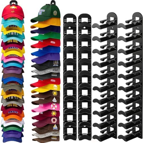 4 Pack Hat Organizer Hat Hook for Wall,Hold up to 40 Hats,Hat Holder with Strong Adhesive and Screws,Cap Holder Hat Hangers for Wall Closet Door and Bedroom(B-Black,4pcs) by Hatisan
