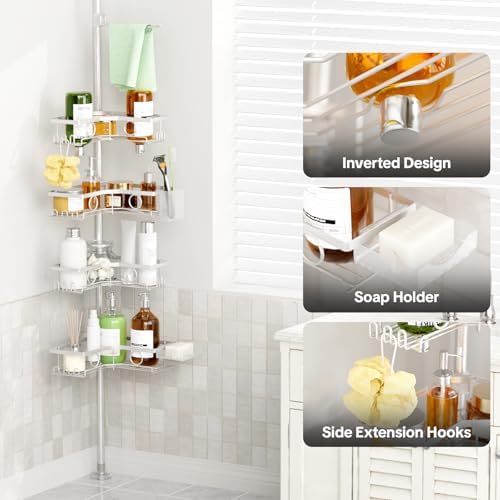 Corner Shower Caddy Tension Pole, 4 Tier Rustproof Shower Tension Rod Organizer with Soap Holder & Hooks, Adjustable 30-121 Inch Bathroom Shelf for Renters - Family Stand Storage Rack, Silver - Image 7