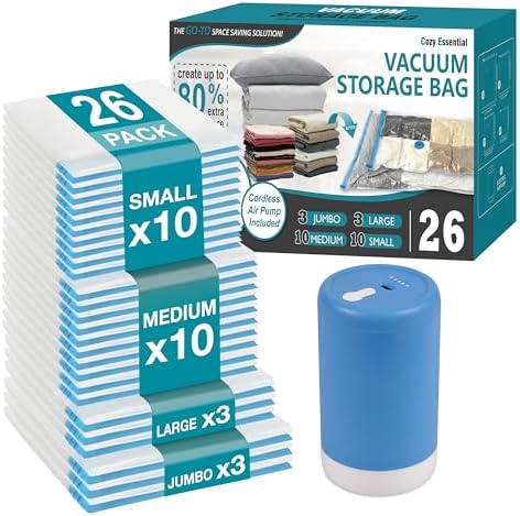 Travel Vacuum Storage Bags with Rechargeable Cordless USB Pump, 26 Combo by CozyEssential