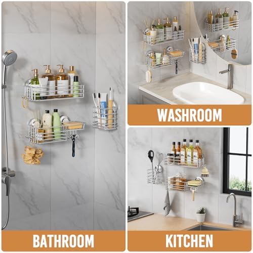 LEVERLOC Shower Caddy Suction Cup, 3 Pack Bathroom Organizer with Hooks - Image 5