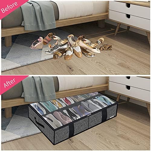 Onlyeasy 2 Pack Under Bed Shoes Storage Bag Organizer (14+4 Pairs), Collapsible Shoe Boot Container with Handles, Underbed Storage Solution for Kids & Adults, 86x60x15cm, Linen-like Black, MXAUBS14S4 - Image 3