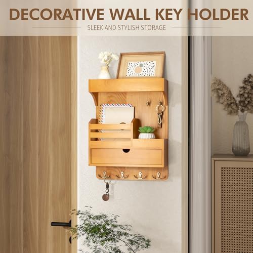 Rebee Vision Key Holder Wall Mount with Drawer for Home Decor, Light Brown - Image 4