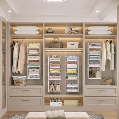 X-cosrack Closet Hanging Organizer and Storage - 5 Tier Hanging Shelves, Wire Closet Shelf Organizer Basket with Adjustable Dividers for Home Clothing Sweaters Shoes Handbags - Image 6