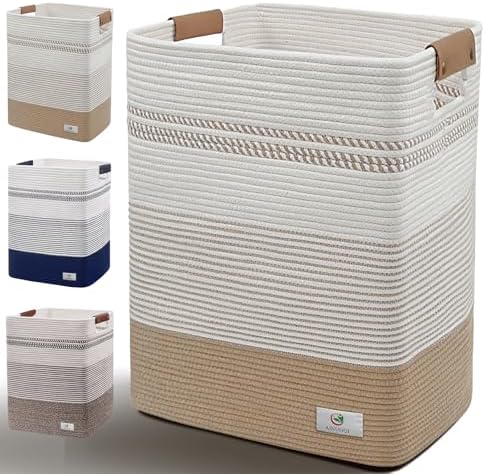Large Laundry Hamper Basket, 85L Cotton Rope Woven Storage Bin for Blankets, Dirty Clothes Toys, Decorative Tall Basket with Leather Handles for Living Room, Bedroom, Bathroom, Nursery, Jute by AINUOQI