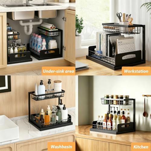2 Pack Upgraded Under Sink Organizer, 2 Tier Pull out Kitchen Cabinet Organizer Metal Slide out Bathroom Organizers and Storage Makeup Drawer Organizer for Office Bedroom Restroom Living Room, L-Black - Image 3