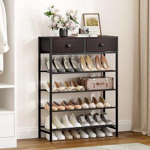 5 Tier Shoe Rack with Drawers, Metal & Wood Shelf Dark Brown - Image 2
