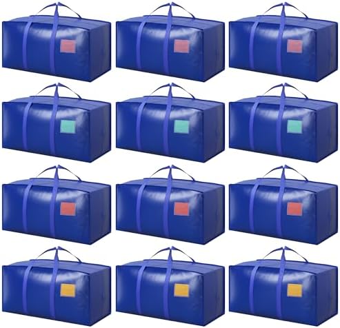 12 Pack Moving Bags with Full-Open Side Zipper, Extra Large 93L Heavy Duty Waterproof Foldable Storage Totes for College Dorm, Moving & Home Organization Blue by RMOHRO