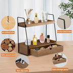 2-Tier Bathroom Countertop Organizer with Drawer, Wood Vanity Shelf Brown - Image 5