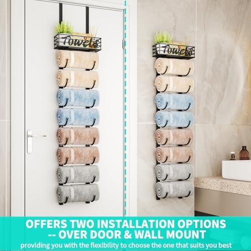 HapiRm Towel Racks for Bathroom Storage - 9 Tier Over The Door & Wall Mount Rolled Towel Storage Organizer Holder with Metal Shelf Basket for Small Bathroom, Camper, Rv - Black, Patented - Image 2