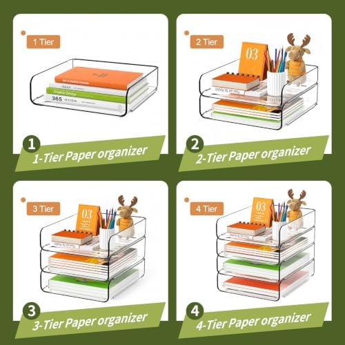 FANXIYQ 4-Tier Acrylic Paper Tray Organizer, Clear Stackable Desk File Organizer for Documents, Files, Letters, A4 Paper, Books, Notes, Mail & Paper Storage, Office Classroom Home - Image 3
