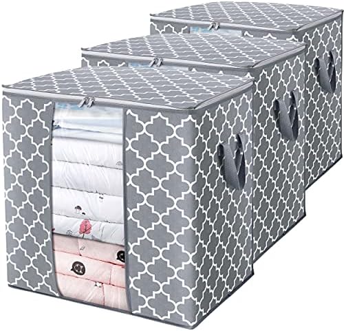 WISELIFE Storage Bags [3 Pack/100L] Large Blanket Clothes Organization and Storage Containers for Comforters,Bedding, Foldable Organizer with Reinforced Handle, Clear Window, Sturdy Zippers,Light Gray | Large Blanket for Comforters,Bedding, Foldable Or... by WiseLife