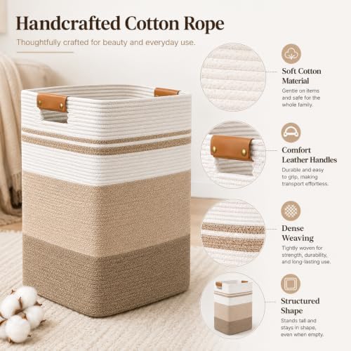 Laundry Hamper, Cotton Rope Laundry Basket with Leather Handles, 25.1-Gallon/95 L Large Clothes Hampers for Laundry, Woven Laundry Baskets for Blankets, Clothing, Bedroom, Living Room, Nursery - Image 2