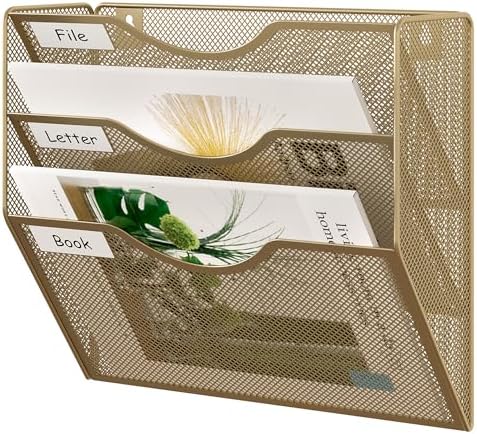 EasyPAG 3 Pocket Mesh Wall File Organizer, Hanging Paper Folder Holder with Classify Label, Vertical Wall Mount Mail Organizer for Office Home Classroom, Gold by EasyPAG