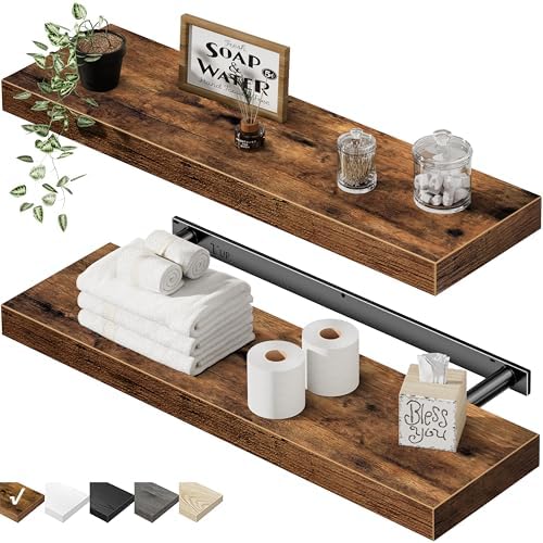 QEEIG Floating Shelves for Wall 23.6" Long - Wall Mounted Shelf Bathroom Kitchen Living Room Bedroom Farmhouse Home Decor Display Bookshelf Set of 2, Rustic Brown (008-60BN) by QEEIG