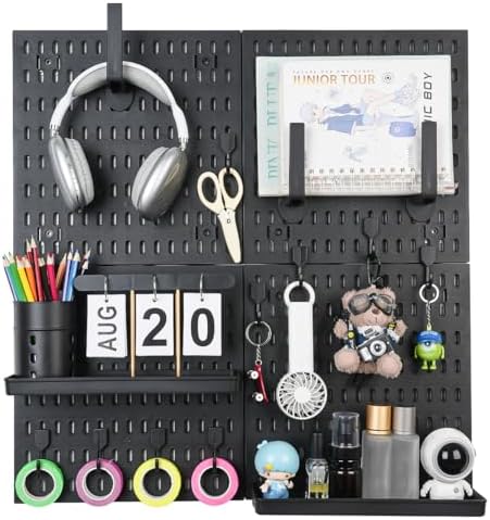 Pegboard Wall Organizer Kit – Heavy Duty 20lbs Load Bearing, Easy Installation, 4 Peg Board Panels 14 Accessories – Multi-Surface Use For Garage, Office, Kitchen & Crafts (Black Pegboard,24″×24″) by Colville