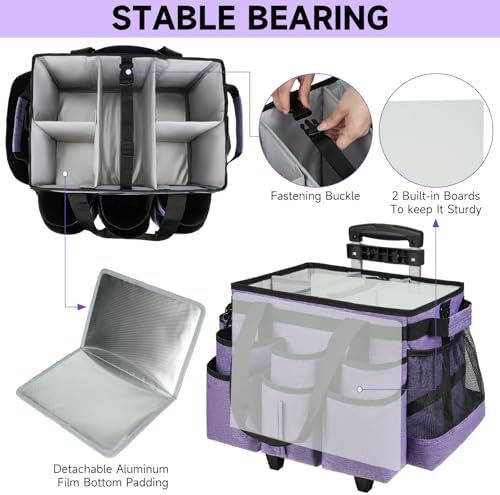 Large Rolling Cleaning Caddy Bag with Detachable Trolley,Cleaning Cart on Wheels with Shoulder Strap,Cleaning Supplies Organizer for Housekeepers,Purple - Image 2