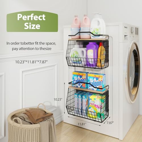 Wawocs Magnetic Shelf for Fridge with Wood Lid, 2 Tier Fruit Baskets Wall Mounted Hanging Basket with 4 Hanger Hooks, Potato and Onion Magnetic Storage Bins for Kitchen Counter, Refrigerator, Cabinet - Image 7