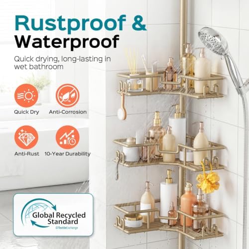 HAMITOR No-Drill Shower Rack, 4-Tier Corner Rustproof Tension Pole, Khaki - Image 2