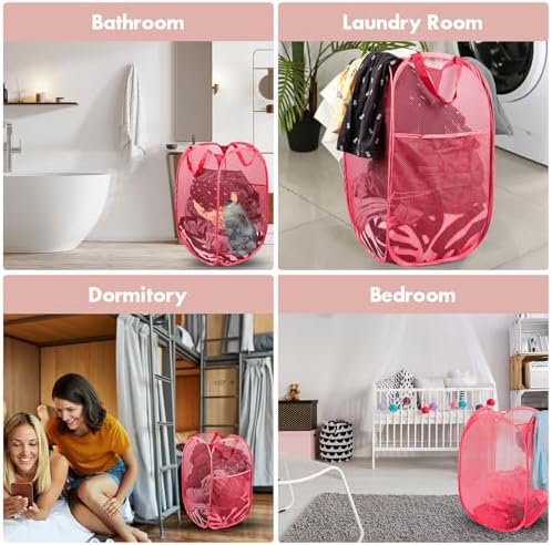 Pop Up Laundry Hamper, 70 L Collapsible Mesh Basket with Side Pocket, Red - Image 6