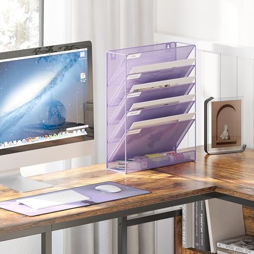 EasyPAG 5 Tier Wall File Holder, Mesh Hanging Folder Organizer with Classify Label, Versatile Desk File Holder, Vertical Wall Mounted Mail Organizer for Office Home Cubicle, Purple - Image 5