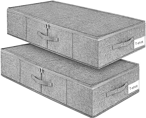 punemi 6.7 in Tall Sturdy Under Bed Storage Containers with Lid, 2Pack,Gray | Stackable Clothes Storage Bag with Rigid Side and Bottom , for Blankets, Bedding& Shoes, Closet, Dorm & Bedroom Organization by Punemi