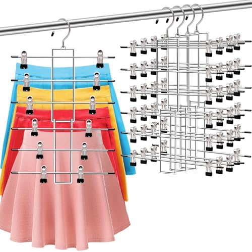 4 Pack Pants-Hangers-Space-Saving, 6 Tier-Closet-Organizers-and-Storage | Skirt Hooks with Clips, Closet-Organizer-Clothes-Organization Jeans Scarf Holder,College-Dorm-Room-Essentials Decor by SHUKEEKA