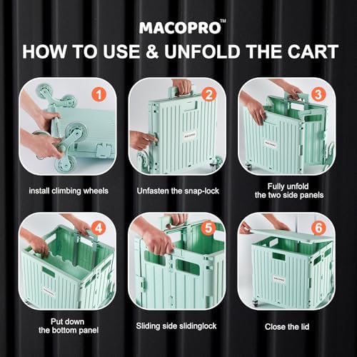 MACOPRO Foldable Utility Cart with Stair Climbing Wheels, Collapsible Rolling Crate with Telescoping Handle, Shopping Trolle Handcart Grocery Book File Tool Art Supplies Teacher Storage Basket(Green) - Image 5