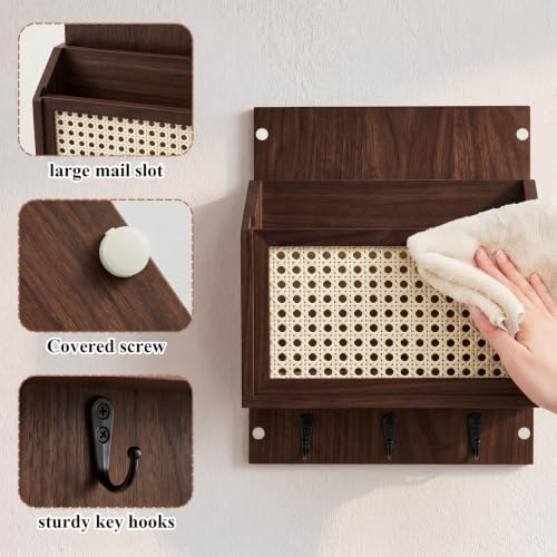 Rattan Mail and Key Holder Wall Mounted, Wood Magazine Mail Sorter Rack Wall Organizer with 2 Slots 3 Hooks for Coat, Dog Leash, Decorative Key Rack for Entryway,Living Room (Dark Brown) - Image 5
