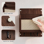 Rattan Mail and Key Holder Wall Mounted, Wood Magazine Mail Sorter Rack Wall Organizer with 2 Slots 3 Hooks for Coat, Dog Leash, Decorative Key Rack for Entryway,Living Room (Dark Brown) - Image 5