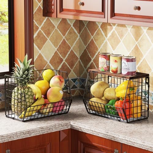 Wawocs Fruit Basket for Kitchen Counter, Fruit Bowl Stackable Wall Mounted Hanging Fruit Basket Wire Basket with Wood Lid with Banana Hanger Hooks, Onion,Potato,Fruit and Vegetable Storage - Image 6