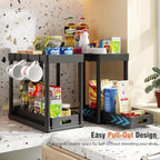 2PC Under Sink Organizer Rack 2 Tier Under Sliding Cabinet Basket Organizer Drawer with 4 Hooks, Multi-purpose Under Sink Storage for Bathroom Kitchen Desktop（Black） - Image 6