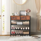 usikey Shoe Rack, 4 Tier Shoe Storage Organizer with 2 Drawers, Metal Shoe Shelf for 9-12 Pairs of Shoes, with 3 Oxford Fabric Shelves and Wooden Top, Shoe Stand for Entryway, Closet, Rustic Brown - Image 2