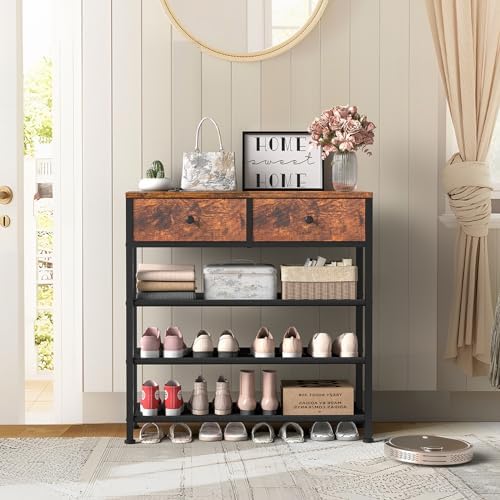 usikey Shoe Rack, 4 Tier Shoe Storage Organizer with 2 Drawers, Metal Shoe Shelf for 9-12 Pairs of Shoes, with 3 Oxford Fabric Shelves and Wooden Top, Shoe Stand for Entryway, Closet, Rustic Brown - Image 2